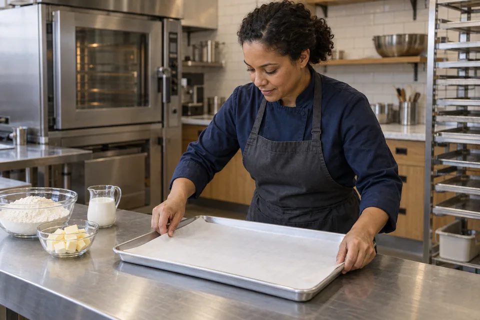 Cook lining a silver baking tray with parchment in a professional bakery.