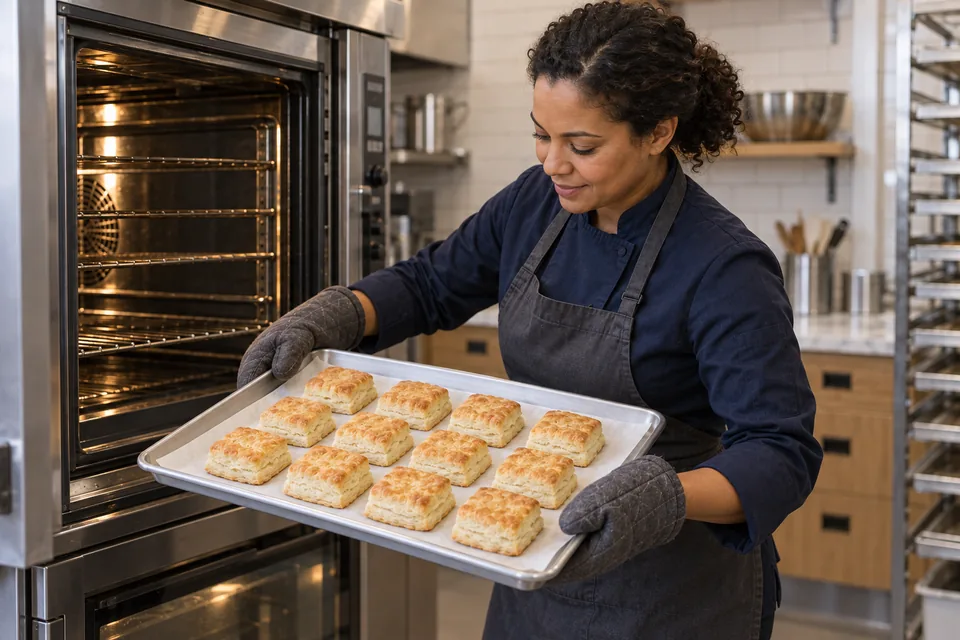 Cook wearing oven mitts removing a tray of golden square biscuits.