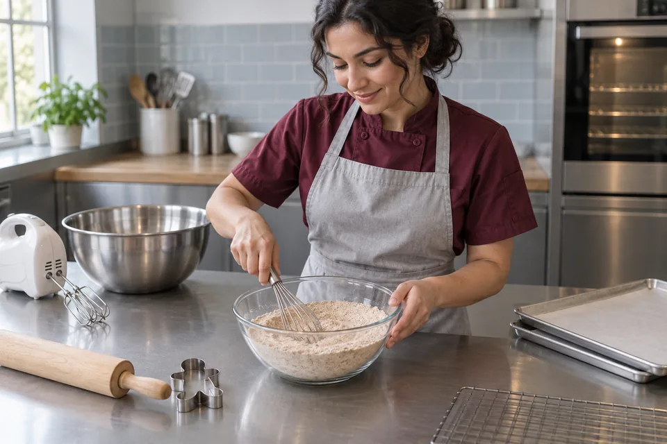 A cook whisking the gingerbread dry ingredients in a glass bowl.