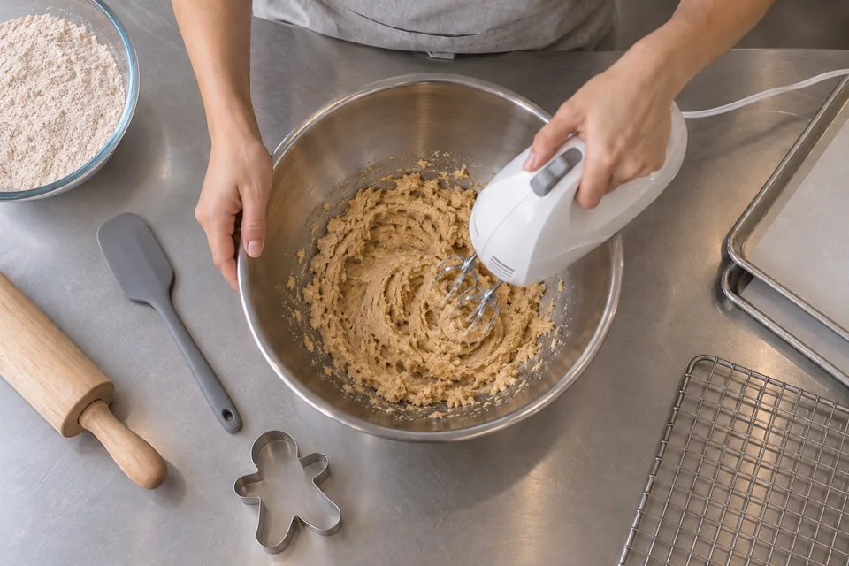 Hands use a mixer to cream butter and brown sugar in a metal bowl.