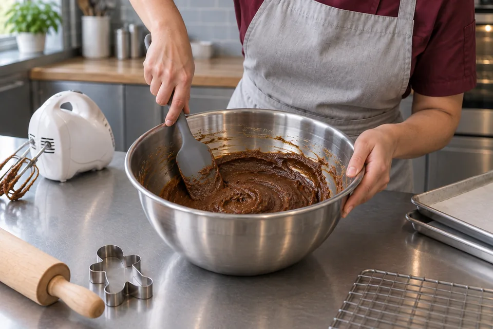 A spatula scrapes an even dark molasses mixture in a mixing bowl.