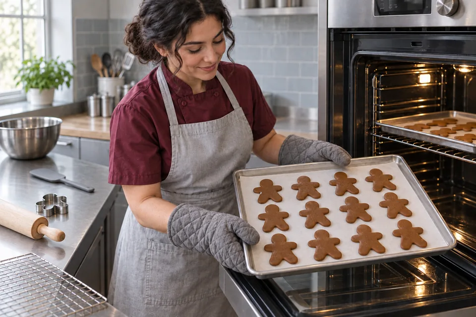 A cook removes a tray of baked gingerbread cookies with oven mitts.