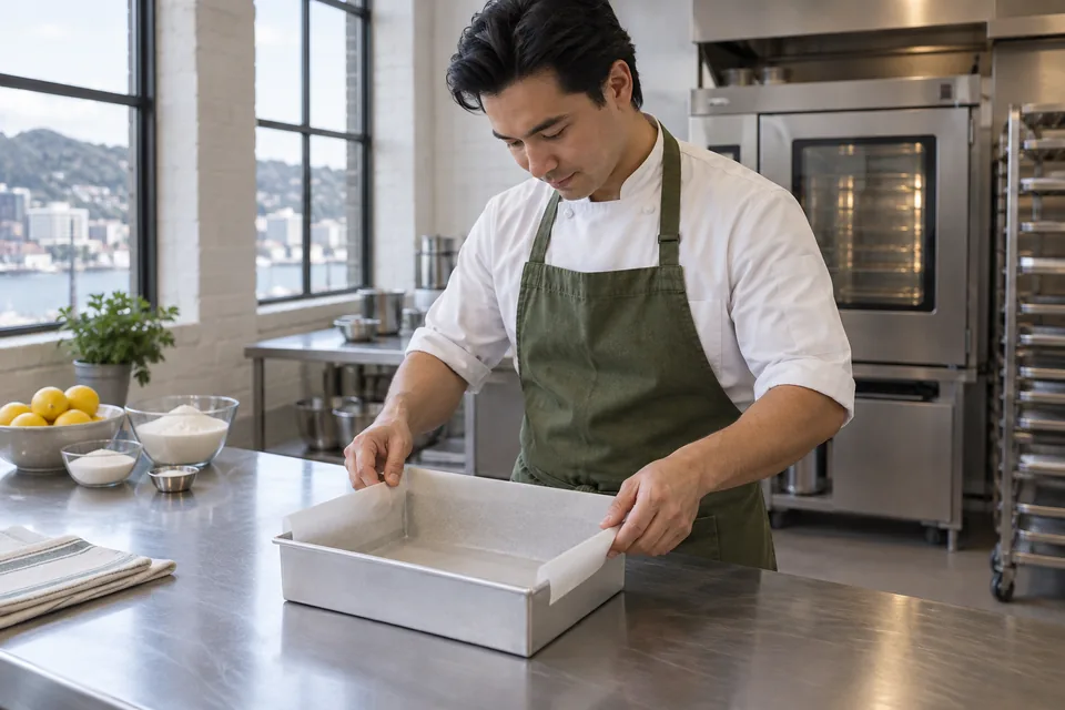 Baker lining a rectangular tin with a parchment sling.