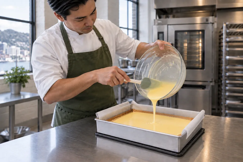 Baker pouring lemon filling onto hot shortbread crust.