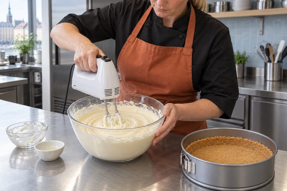 Chef beating smooth cream-cheese filling.