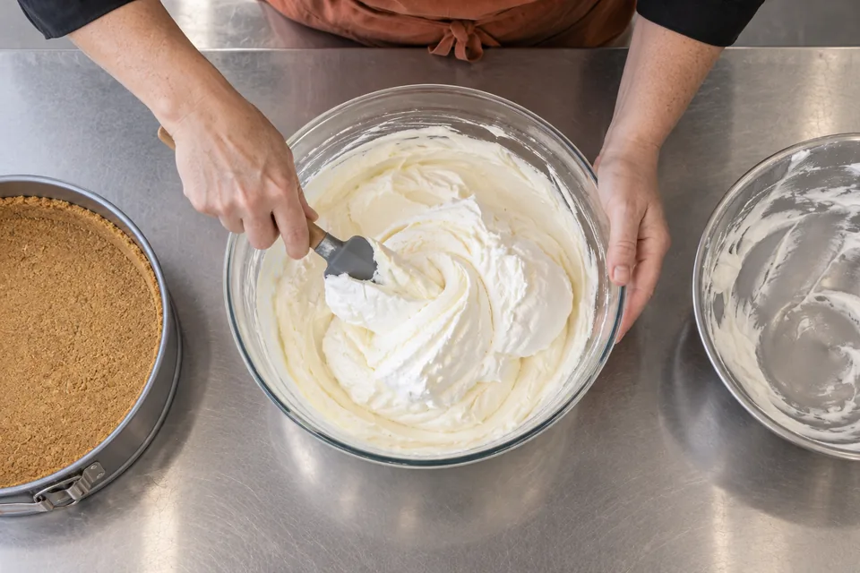 Overhead view of whipped cream being folded into cheesecake filling.