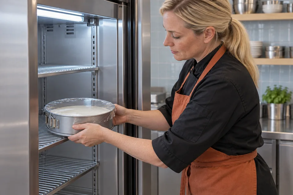 Chef placing covered cheesecake in a refrigerator.