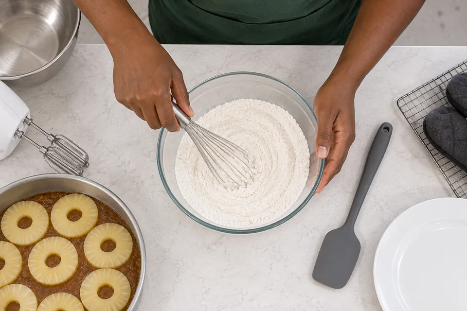 Hands whisk the dry ingredients in a glass bowl.