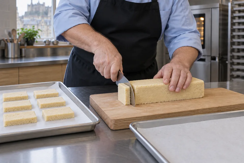 Chef slicing a compact rectangular shortbread dough log.
