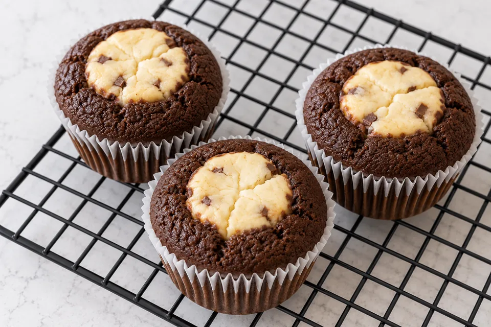 Three chocolate cupcakes with pale baked cheesecake centres on a rack.
