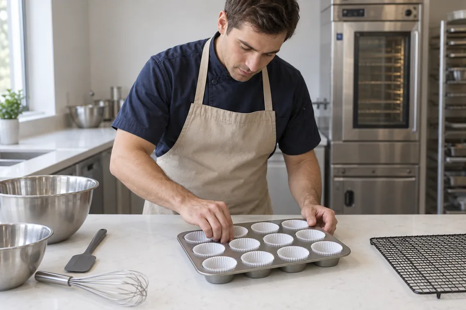 A cook presses a white paper liner into a muffin well.