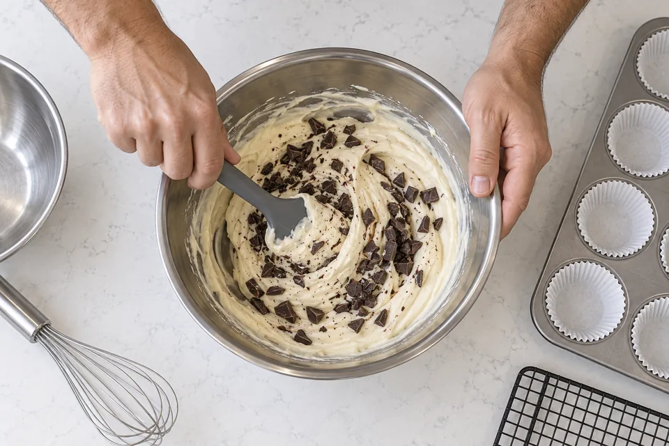 Hands fold chopped chocolate through a creamy filling.