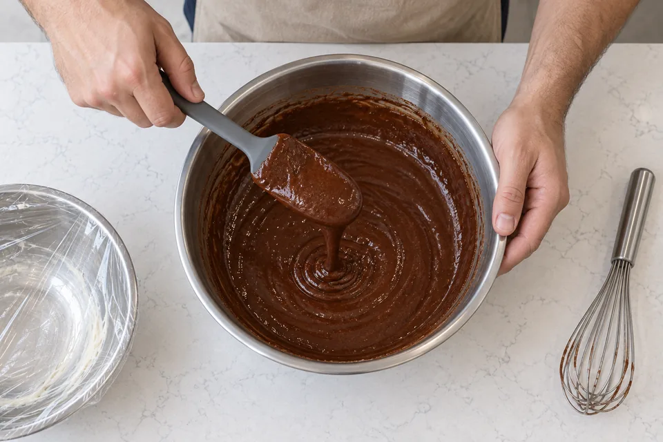 A spatula stirs pourable chocolate cupcake batter.
