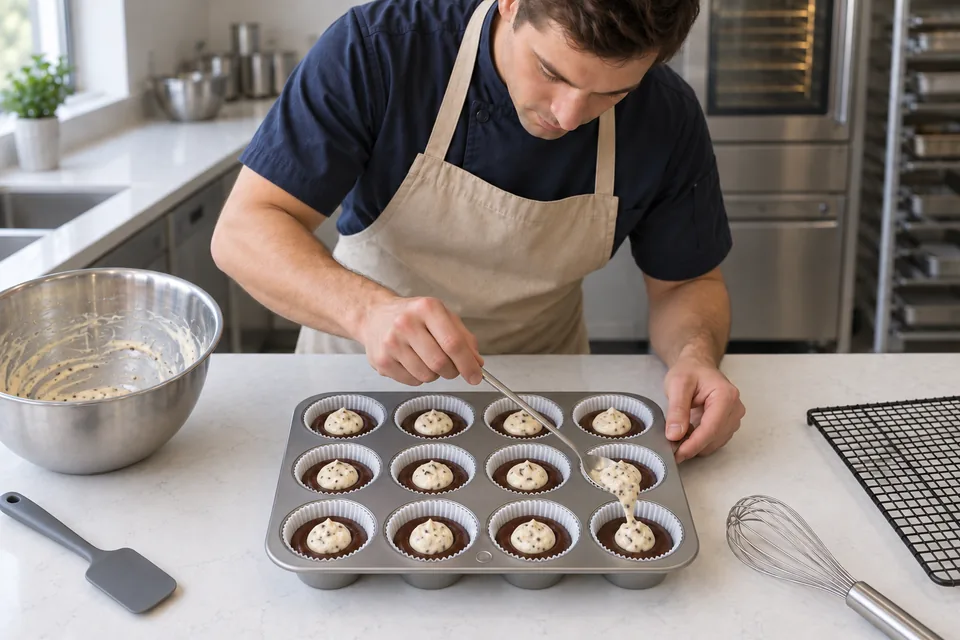A spoon adds creamy cheesecake filling to chocolate batter in a liner.