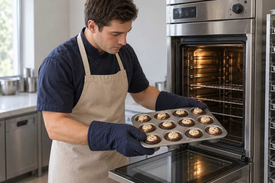 A cook uses two oven mitts to remove a pan of baked cupcakes.