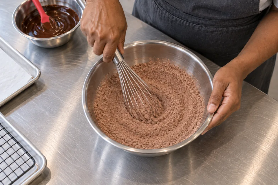 Hands whisk a cocoa-coloured dry mixture in a stainless bowl.