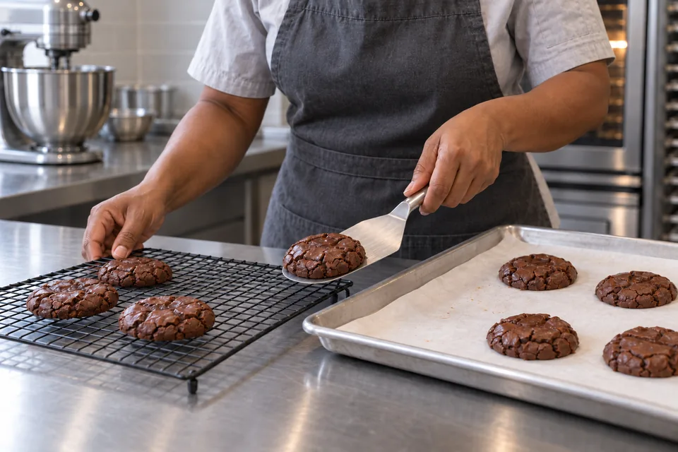 A spatula transfers a cracked-top brownie cookie from parchment to a rack.