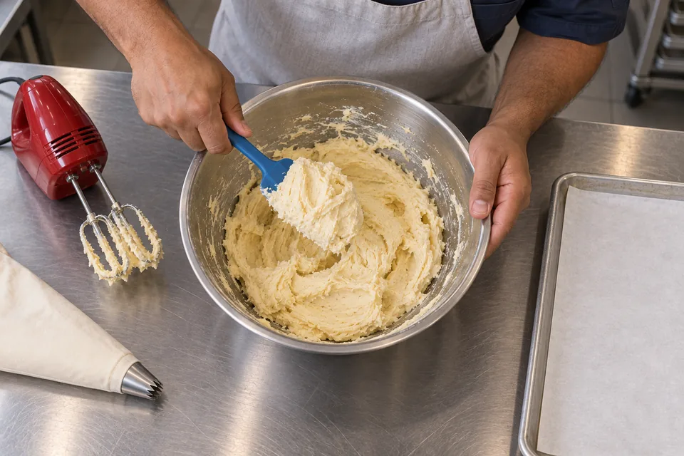 A spatula shows the soft thick butter-cookie dough.