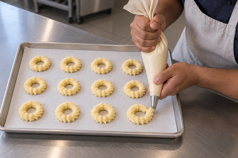Hands pipe ridged butter-cookie rings onto parchment.