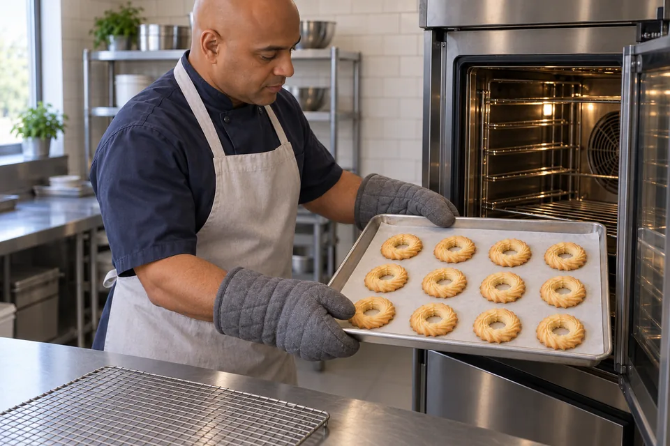 A cook removes twelve golden-edged butter-cookie rings using mitts.