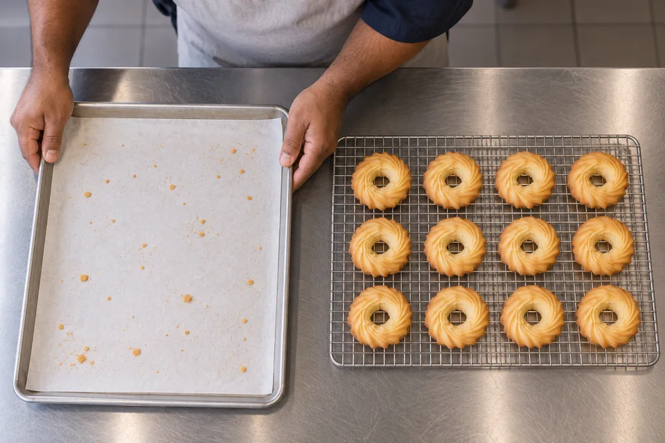 Twelve piped butter-cookie rings cool on a wire rack.