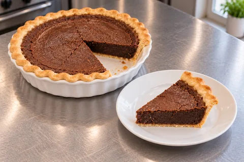 A slice of chocolate chess pie on a white plate beside the pie with a matching wedge removed.