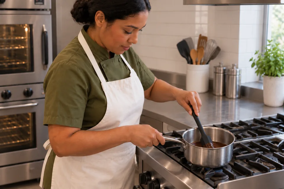 A cook stirs glossy cocoa and butter in a saucepan.