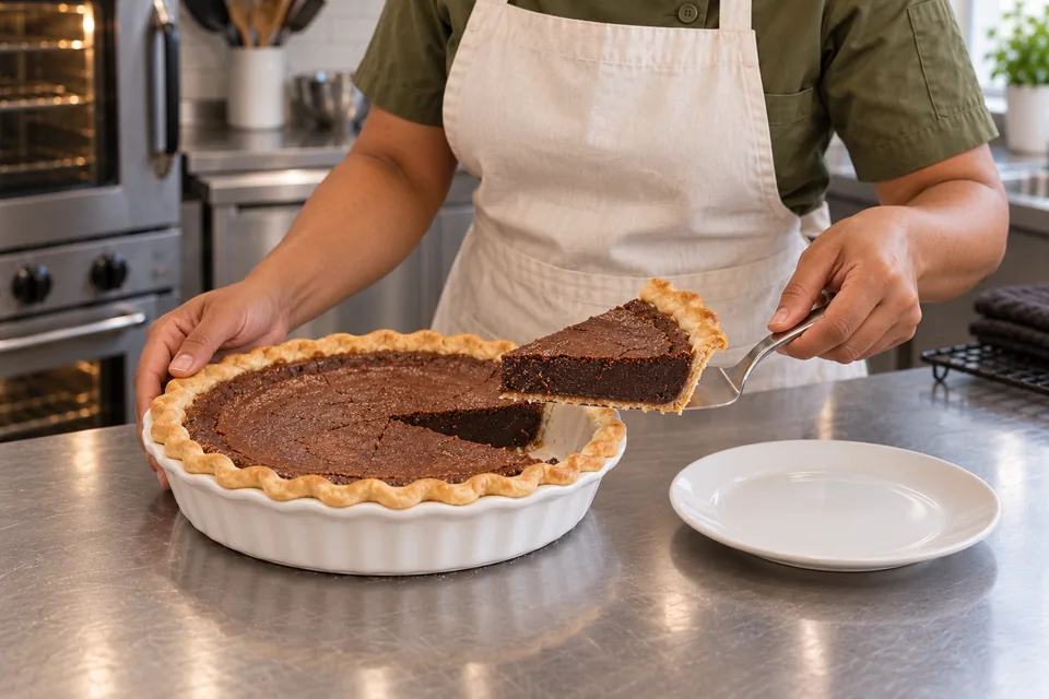 A server lifts a slice of chocolate chess pie beside its matching gap.