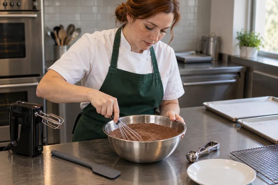 Cook whisks cocoa-brown dry ingredients in a steel bowl.