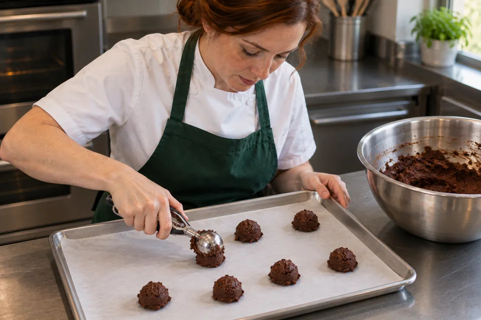 A cookie scoop places dark cocoa dough mounds on parchment.