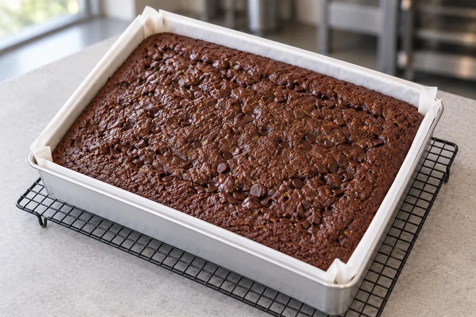 A plain chocolate zucchini cake in a parchment-lined rectangular tin.