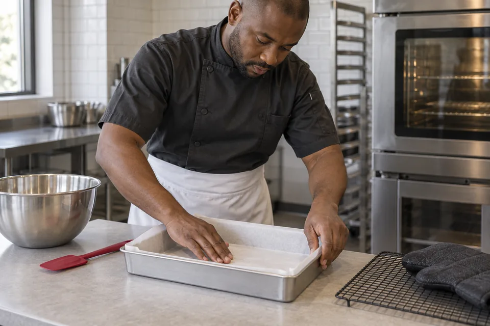 A cook fits parchment into a rectangular baking tin.