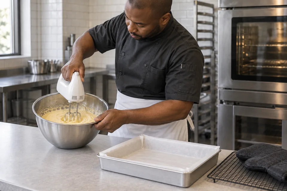 A cook beats a pale cake mixture in a steel bowl.