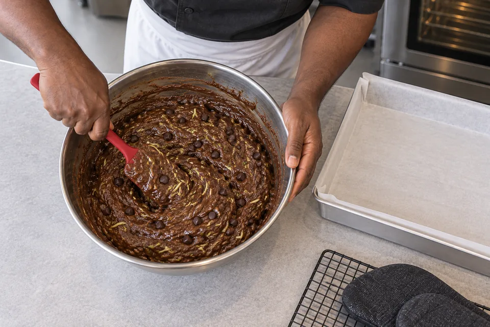 Hands fold grated zucchini and chocolate chips into chocolate batter.