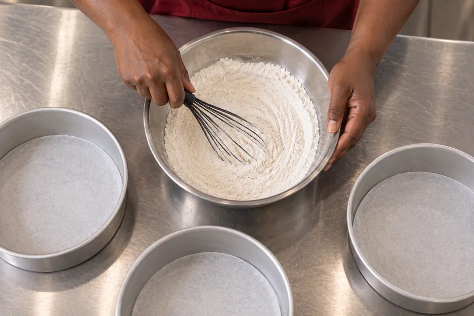 Hands whisk pale dry ingredients in a steel bowl.