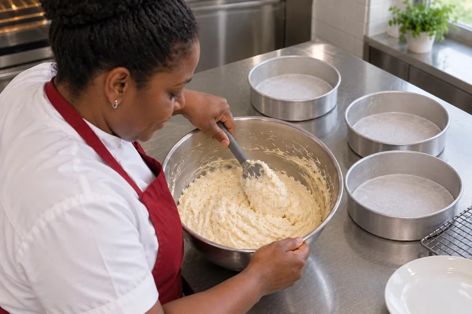 A spatula folds shredded coconut through thick pale cake batter.