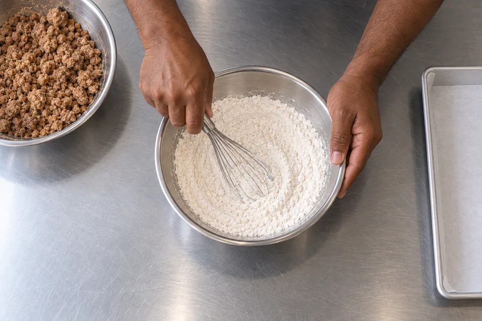 Overhead view of hands whisking pale dry ingredients in a steel bowl.