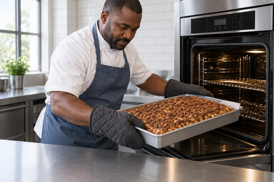 Cook wearing oven mitts removes a rectangular crumb cake from the oven.
