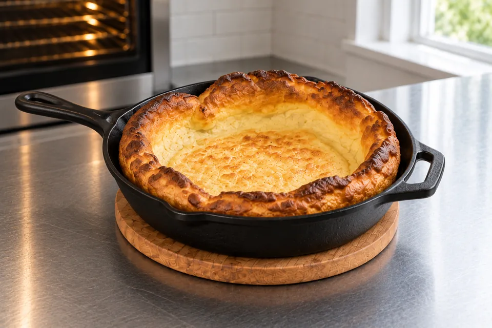 A golden puffy oven pancake fills a black cast-iron skillet.