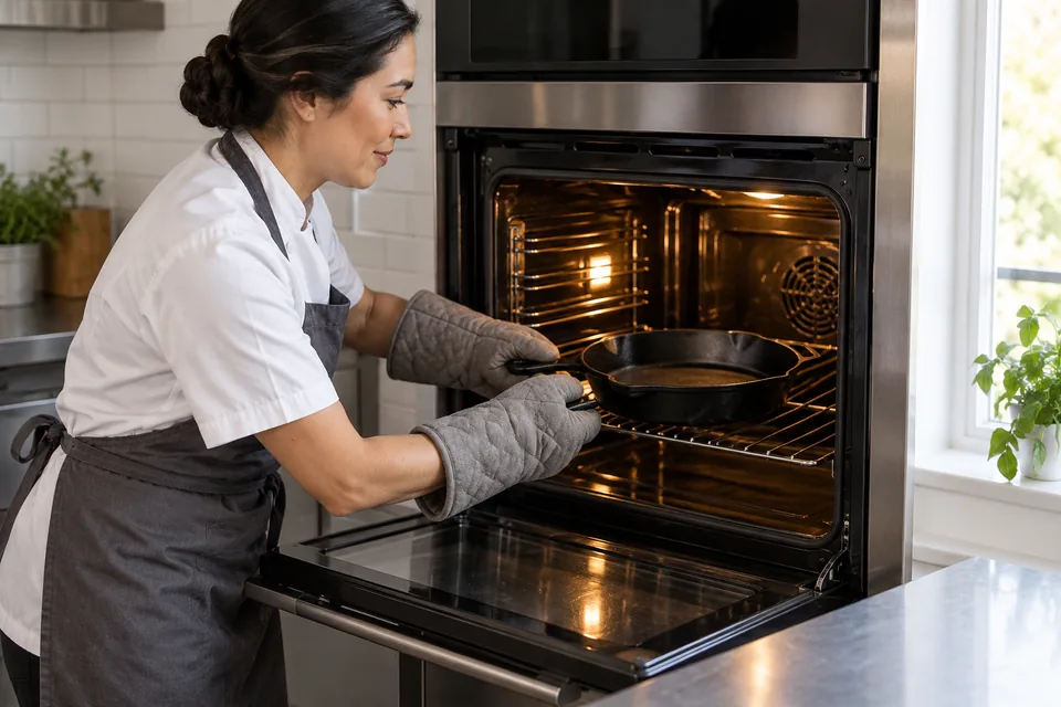 Cook wearing oven mitts places an empty cast-iron skillet in the oven.
