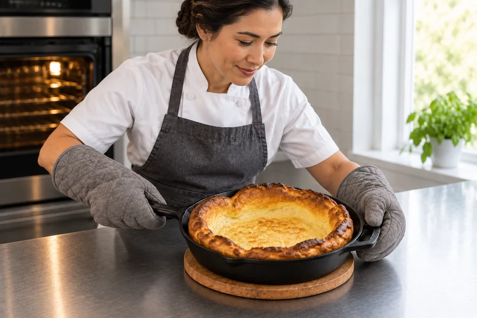 Cook wearing oven mitts sets a skillet of puffy golden oven pancake on a trivet.