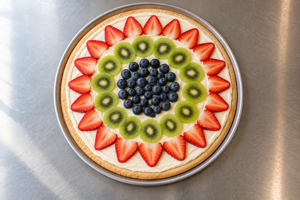 Round fruit pizza with strawberry, kiwi and blueberry rings over cream cheese icing.