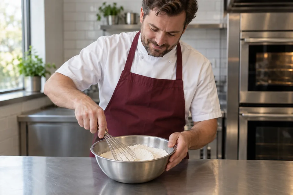 Cook whisks the flour mixture in a steel bowl.