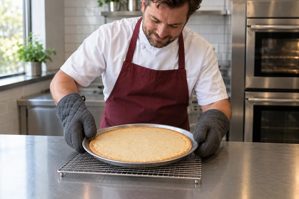 Cook wearing oven mitts sets a pale golden round cookie base on a rack.