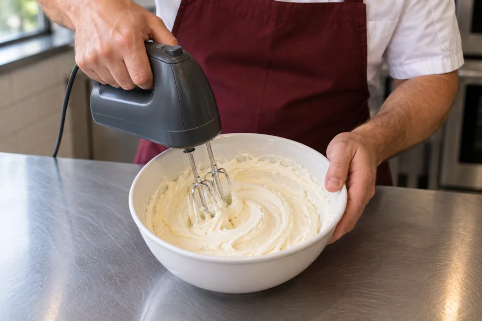 Hand mixer smooths white cream cheese icing in a white bowl.