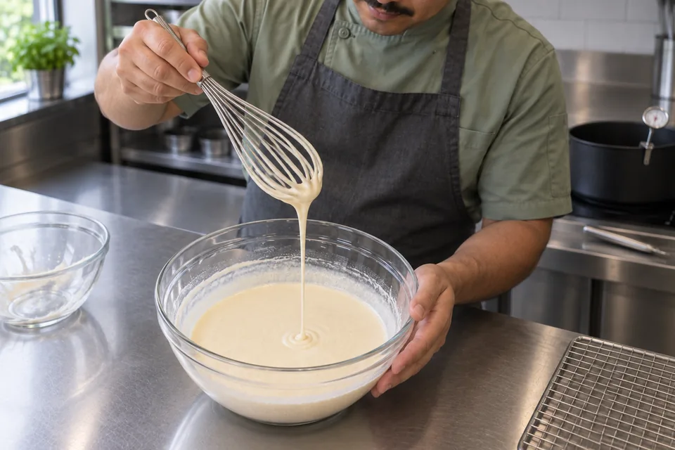 A thin stream of funnel cake batter falls from a whisk into a glass bowl.