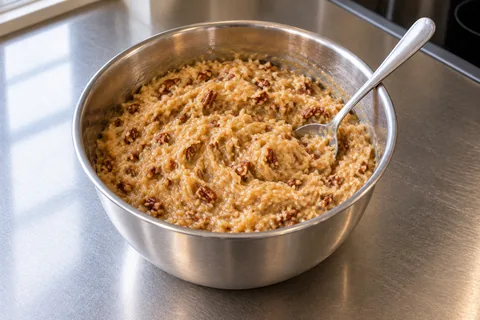 A bowl of thick golden coconut and pecan filling with a spoon.