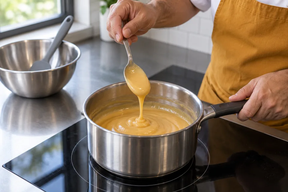 Thick golden custard coats a spoon above a saucepan.