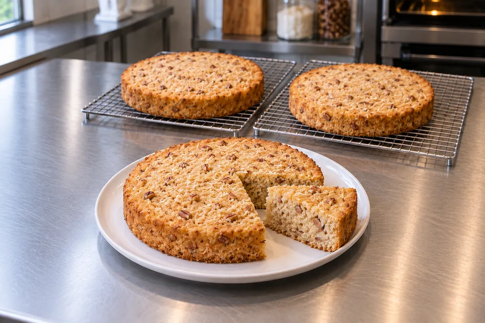 Bare coconut and pecan cake layers with a small wedge showing the crumb.