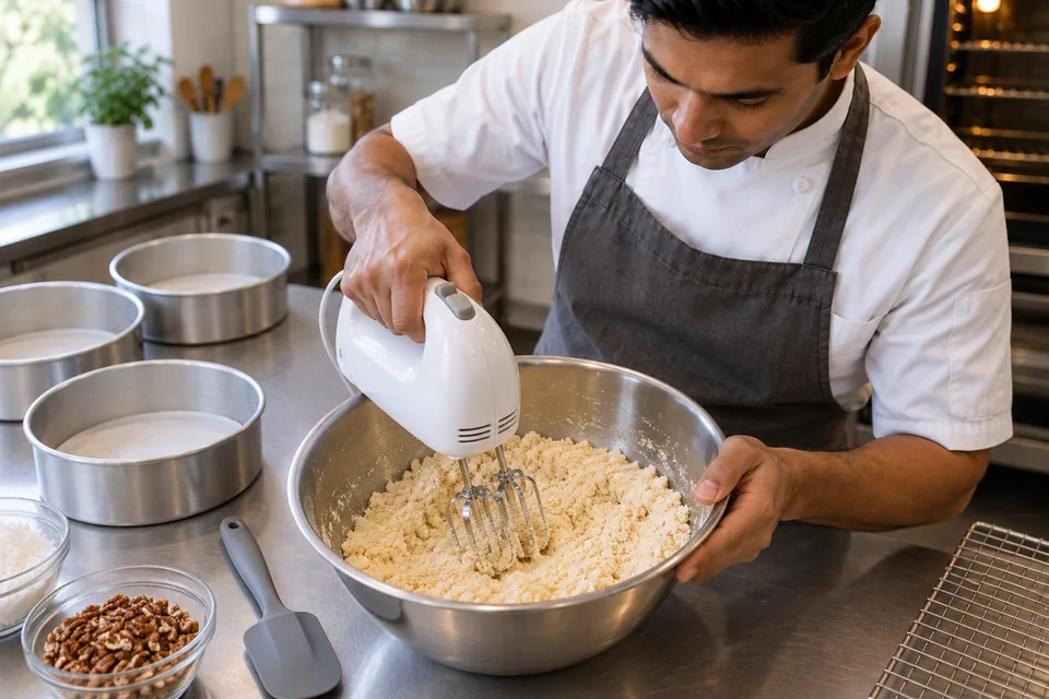 A hand mixer blends butter and flour into fine pale crumbs.